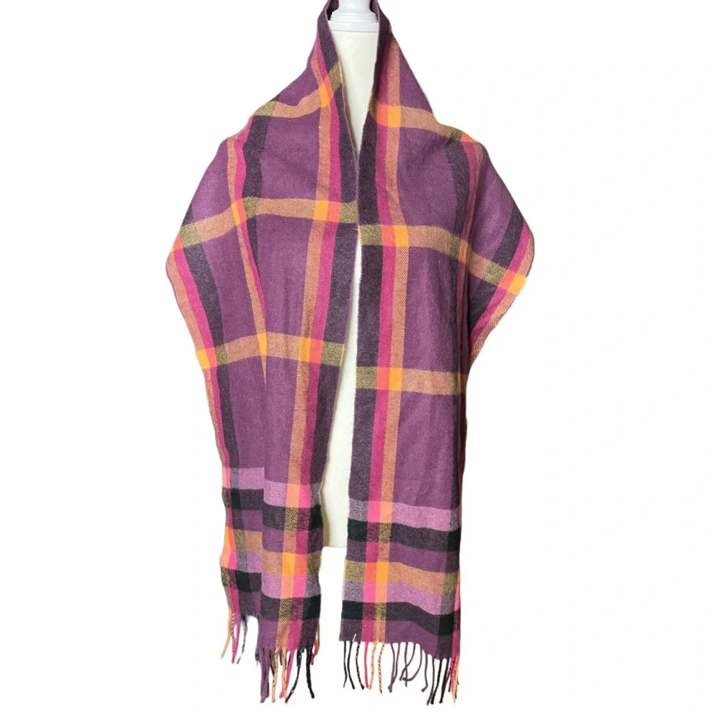 Cashmere-Feel Plaid Fringe Scarf - Cozy Blanket Wrap